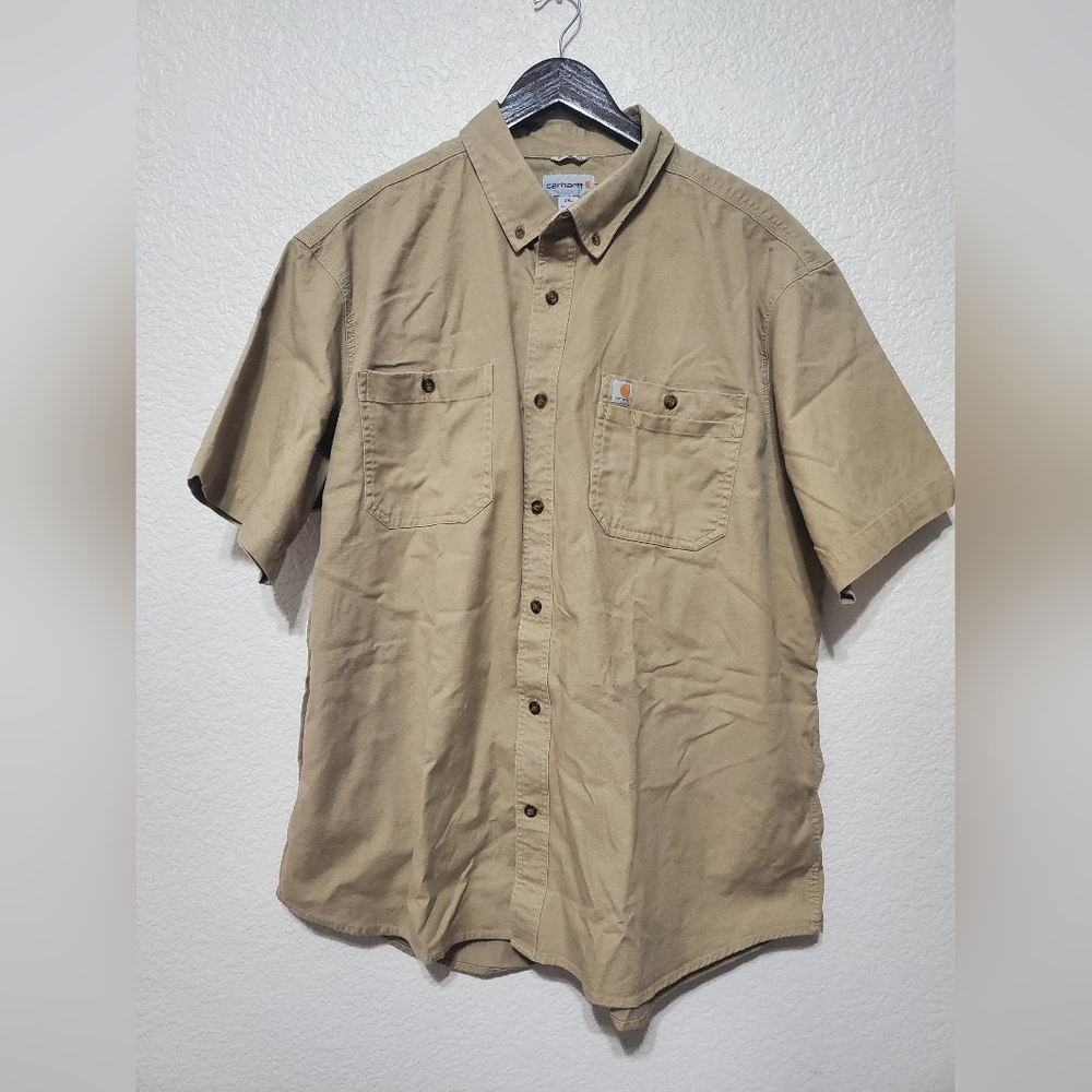 Carhartt Rugged Khaki Button Up Short Sleeve Casual Shirt Relaxed Fit Men's 2XL